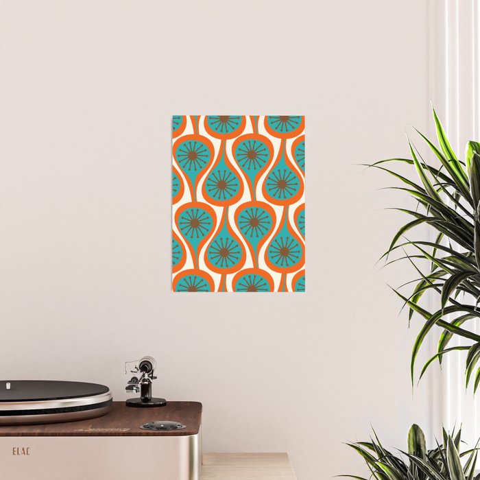 Mid Century Modern Atomic Drops Retro Pattern Turquoise Orange Brown Cream Poster Gallery Image 2