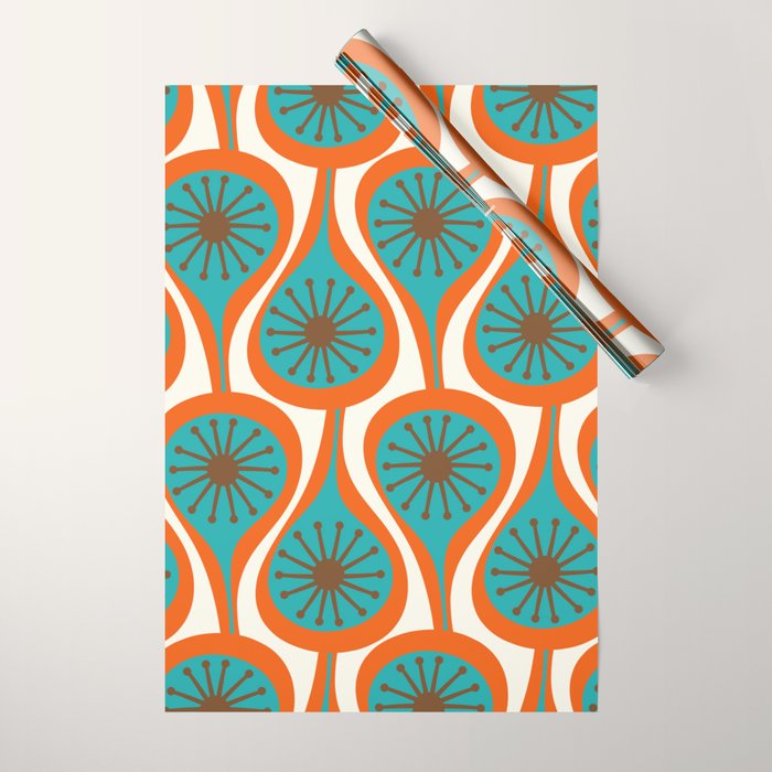 Mid Century Modern Atomic Drops Retro Pattern Turquoise Orange Brown Cream Wrapping Paper Gallery Image 1