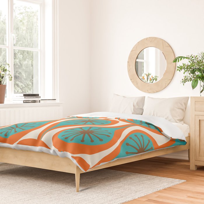 Mid Century Modern Atomic Drops Retro Pattern Turquoise Orange Brown Cream Duvet Cover Gallery Image 2
