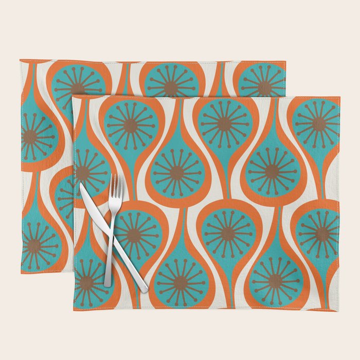 Mid Century Modern Atomic Drops Retro Pattern Turquoise Orange Brown Cream Placemat Gallery Image 1