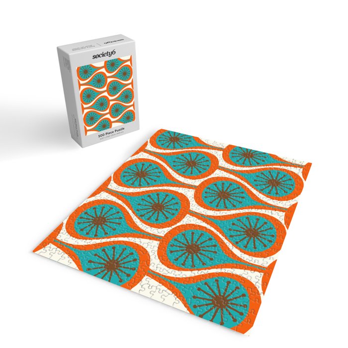 Mid Century Modern Atomic Drops Retro Pattern Turquoise Orange Brown Cream Jigsaw Puzzle Gallery Image 2