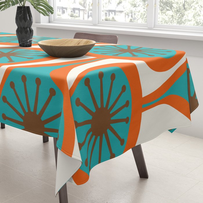 Mid Century Modern Atomic Drops Retro Pattern Turquoise Orange Brown Cream Tablecloth Gallery Image 3
