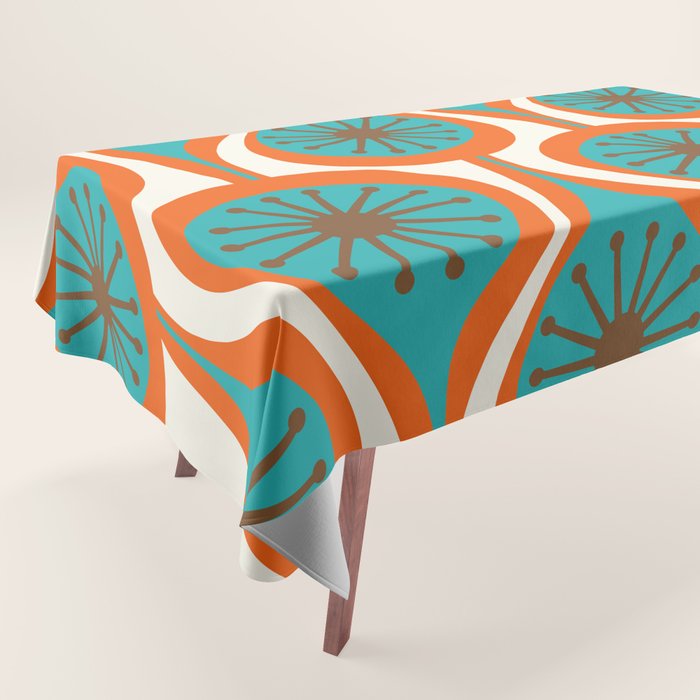 Mid Century Modern Atomic Drops Retro Pattern Turquoise Orange Brown Cream Tablecloth Gallery Image 1
