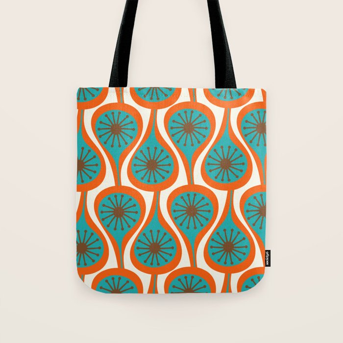 Mid Century Modern Atomic Drops Retro Pattern Turquoise Orange Brown Cream Tote Bag Gallery Image 1