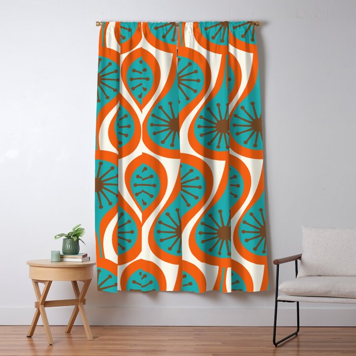 Mid Century Modern Atomic Drops Retro Pattern Turquoise Orange Brown Cream Window Curtain Gallery Image 1