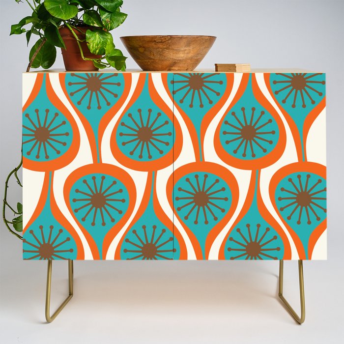 Mid Century Modern Atomic Drops Retro Pattern Turquoise Orange Brown Cream Credenza Gallery Image 1