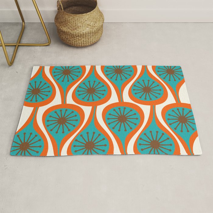 Mid Century Modern Atomic Drops Retro Pattern Turquoise Orange Brown Cream Rug Gallery Image 1