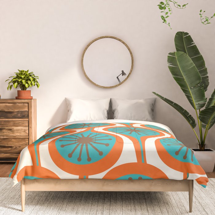Mid Century Modern Atomic Drops Retro Pattern Turquoise Orange Brown Cream Comforter Gallery Image 3