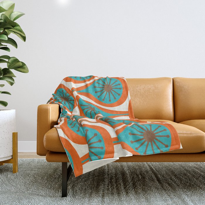 Mid Century Modern Atomic Drops Retro Pattern Turquoise Orange Brown Cream Throw Blanket Gallery Image 1