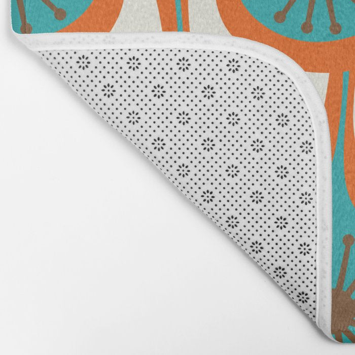 Mid Century Modern Atomic Drops Retro Pattern Turquoise Orange Brown Cream Bath Mat Gallery Image 2