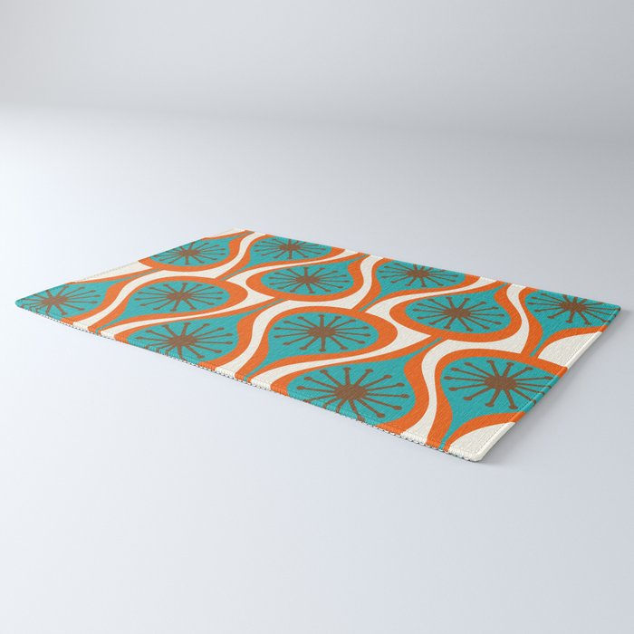 Mid Century Modern Atomic Drops Retro Pattern Turquoise Orange Brown Cream Rug Gallery Image 3