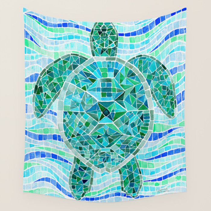 Mosaic Watercolor Sea Turtle Wall Tapestry Gallery Image 1