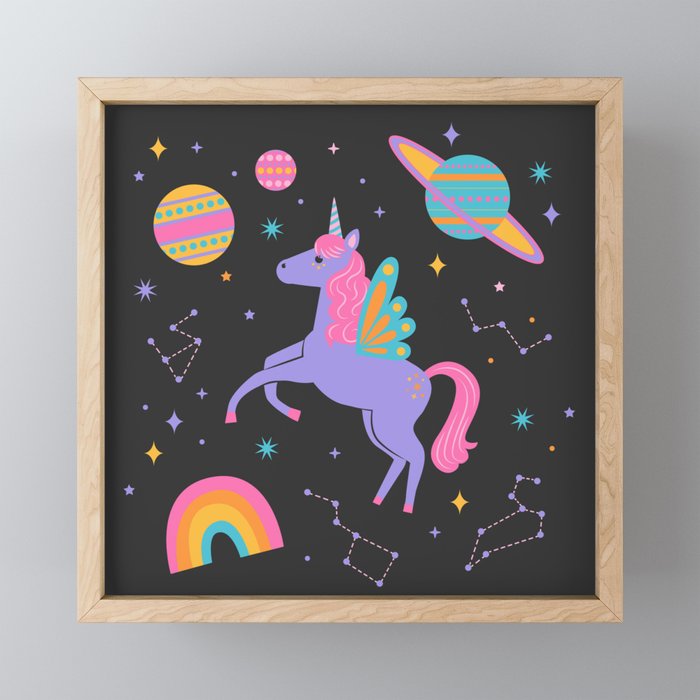 Space Unicorns - Neon Rainbow on Black Mini Art Print Gallery Image 1