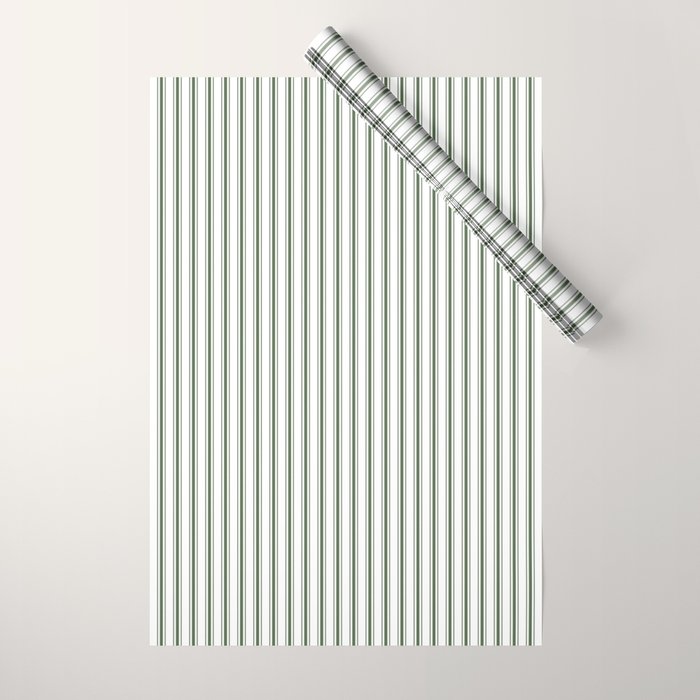 Small Dark Forest Green and White Mattress Ticking Stripes Wrapping Paper Gallery Image 1