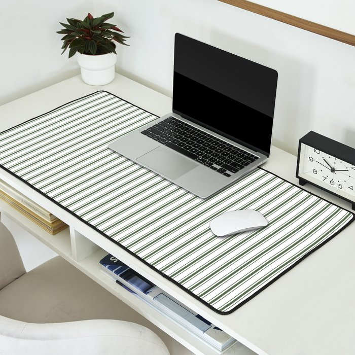 Small Dark Forest Green and White Mattress Ticking Stripes Desk Mat Gallery Image 2