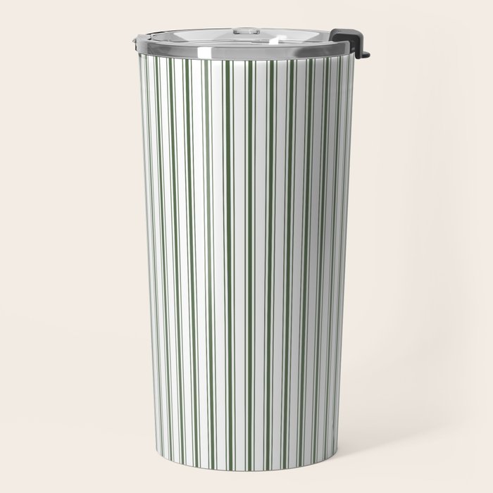 Small Dark Forest Green and White Mattress Ticking Stripes Travel Mug Gallery Image 2