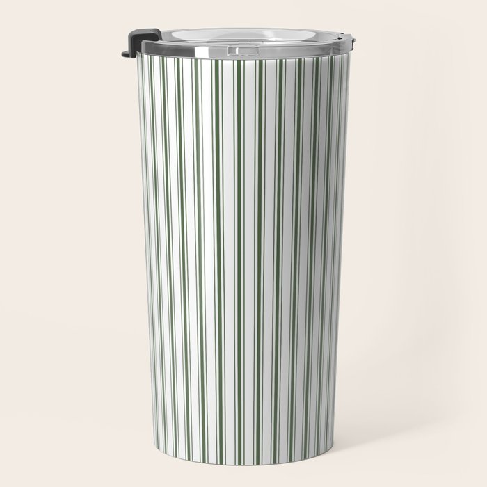 Small Dark Forest Green and White Mattress Ticking Stripes Travel Mug Gallery Image 3