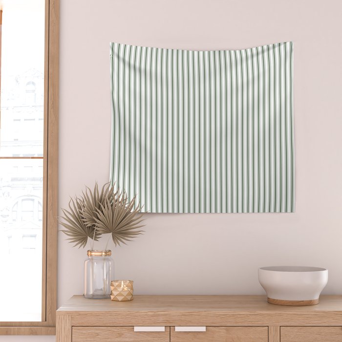 Small Dark Forest Green and White Mattress Ticking Stripes Wall Tapestry Gallery Image 2