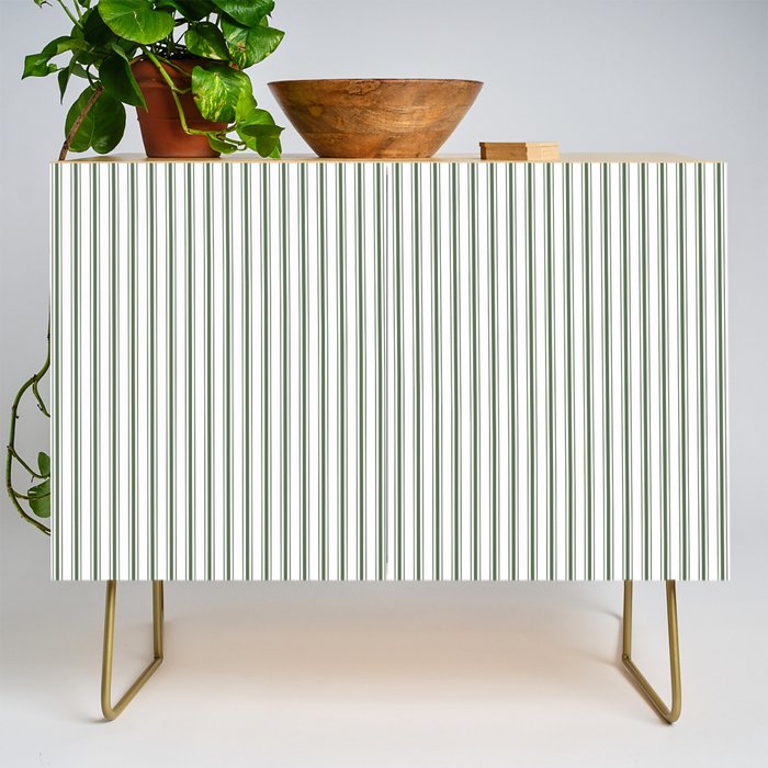 Small Dark Forest Green and White Mattress Ticking Stripes Credenza Gallery Image 1