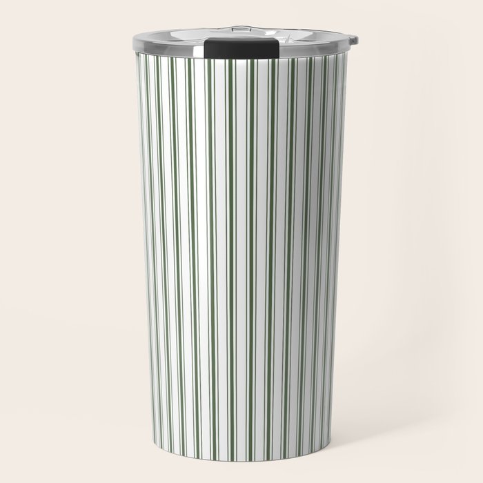 Small Dark Forest Green and White Mattress Ticking Stripes Travel Mug Gallery Image 1