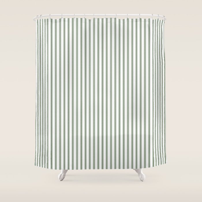 Small Dark Forest Green and White Mattress Ticking Stripes Shower Curtain Gallery Image 1