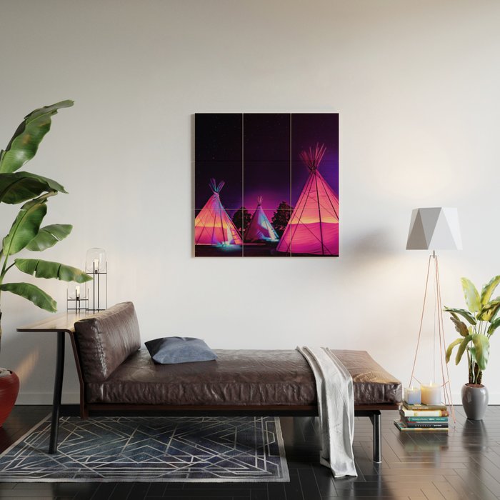 Teepees Glowing at Night Under the Stars Wood Wall Art Gallery Image 2