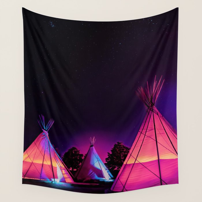 Teepees Glowing at Night Under the Stars Wall Tapestry Gallery Image 1