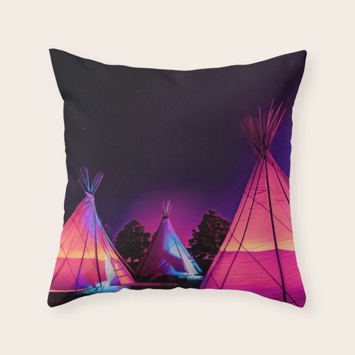 Teepees Glowing at Night Under the Stars Throw Pillow Gallery Image 1