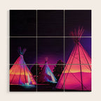 Teepees Glowing at Night Under the Stars Wood Wall Art Gallery Image 1