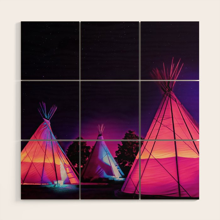 Teepees Glowing at Night Under the Stars Wood Wall Art Gallery Image 1