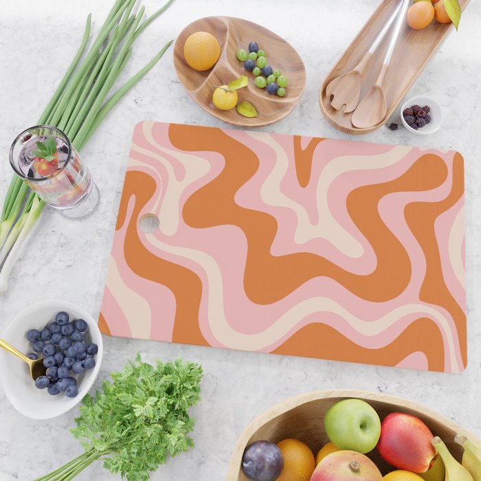 Liquid Swirl Retro Abstract Pattern in Pink Orange Cream Cutting Board Gallery Image 2
