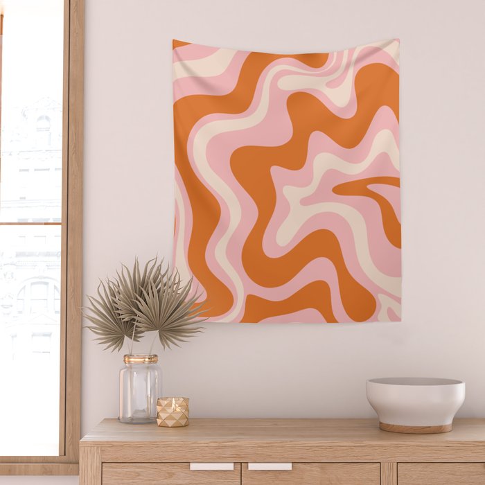 Liquid Swirl Retro Abstract Pattern in Pink Orange Cream Wall Tapestry Gallery Image 2