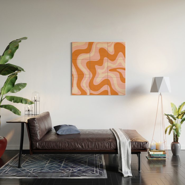 Liquid Swirl Retro Abstract Pattern in Pink Orange Cream Wood Wall Art Gallery Image 2