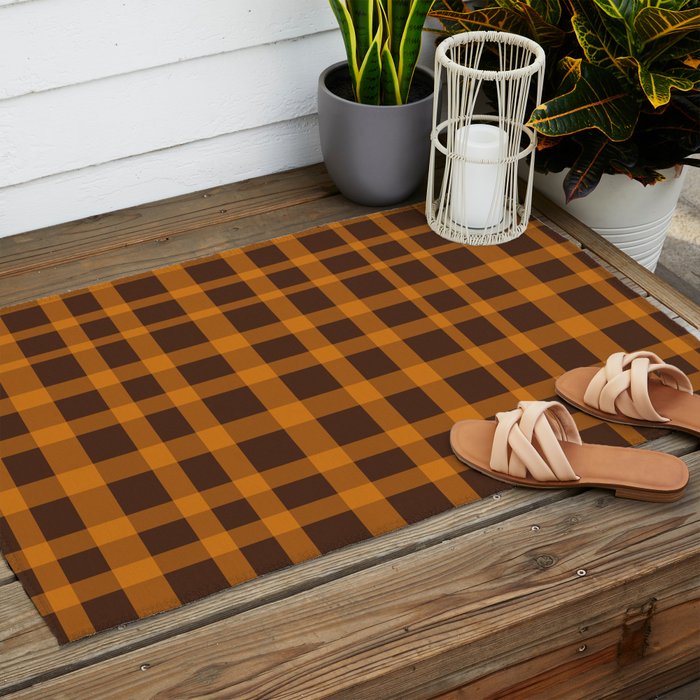 Retro 70s Plaid Pattern in Orange and Dark Brown Outdoor Rug Gallery Image 2