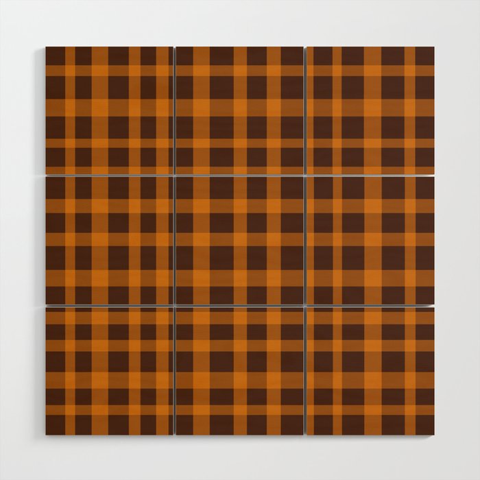 Retro 70s Plaid Pattern in Orange and Dark Brown Wood Wall Art Gallery Image 1