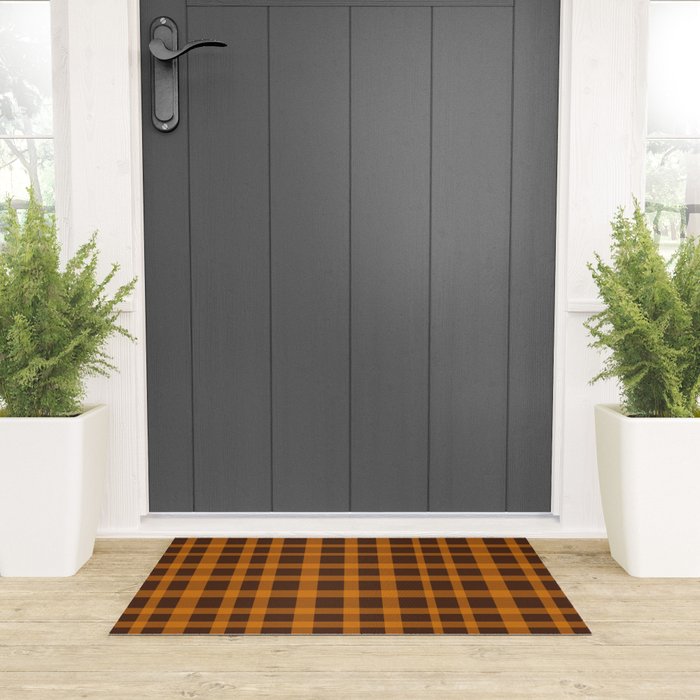 Retro 70s Plaid Pattern in Orange and Dark Brown Welcome Mat Gallery Image 3