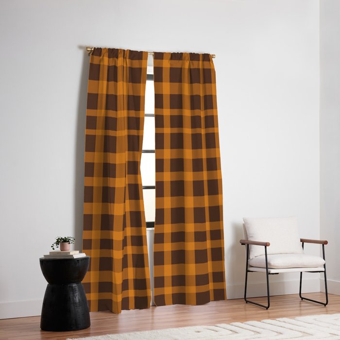 Retro 70s Plaid Pattern in Orange and Dark Brown Window Curtain Gallery Image 2