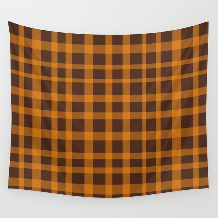 Retro 70s Plaid Pattern in Orange and Dark Brown Wall Tapestry Gallery Image 1