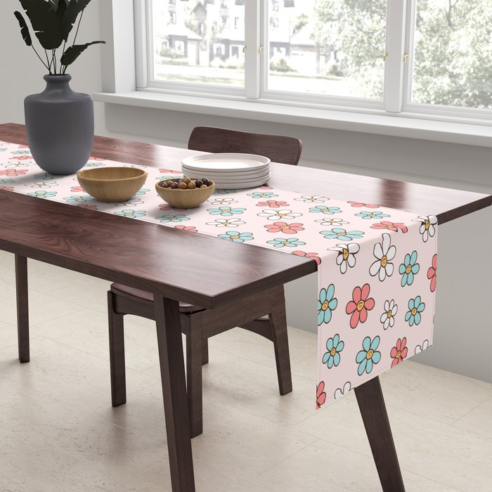 Happy Daisy Pattern, Cute and Fun Smiling Colorful Daisies Table Runner Gallery Image 2