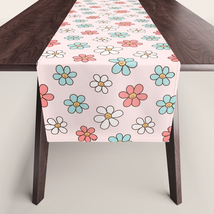 Happy Daisy Pattern, Cute and Fun Smiling Colorful Daisies Table Runner Gallery Image 1