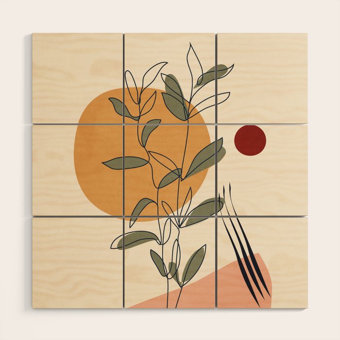 Minimal Line Young Leaves Wood Wall Art Gallery Image 1