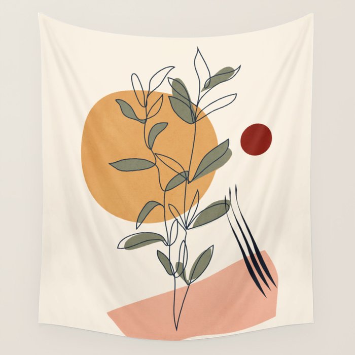 Minimal Line Young Leaves Wall Tapestry Gallery Image 1