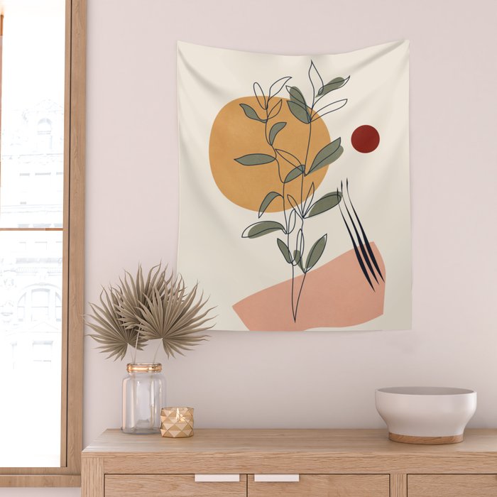 Minimal Line Young Leaves Wall Tapestry Gallery Image 2