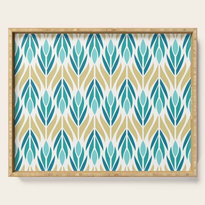 Mid Century Modern Abstract Floral Pattern in Turquoise Teal Aqua and Marigold Serving Tray Gallery Image 1