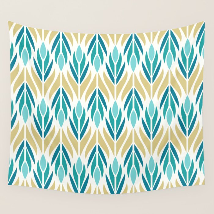 Mid Century Modern Abstract Floral Pattern in Turquoise Teal Aqua and Marigold Wall Tapestry Gallery Image 1