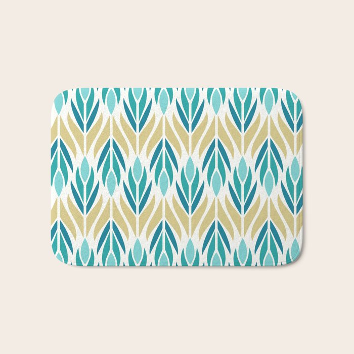 Mid Century Modern Abstract Floral Pattern in Turquoise Teal Aqua and Marigold Bath Mat Gallery Image 1
