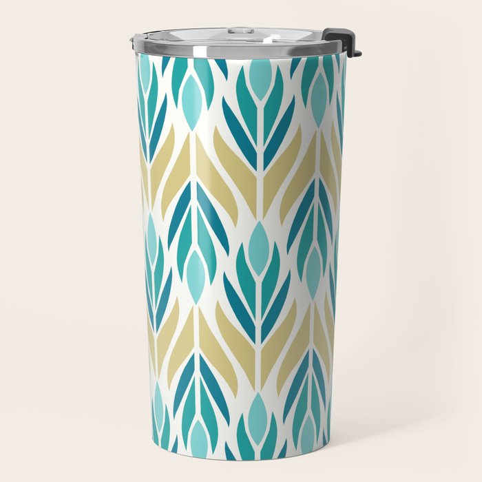 Mid Century Modern Abstract Floral Pattern in Turquoise Teal Aqua and Marigold Travel Mug Gallery Image 2