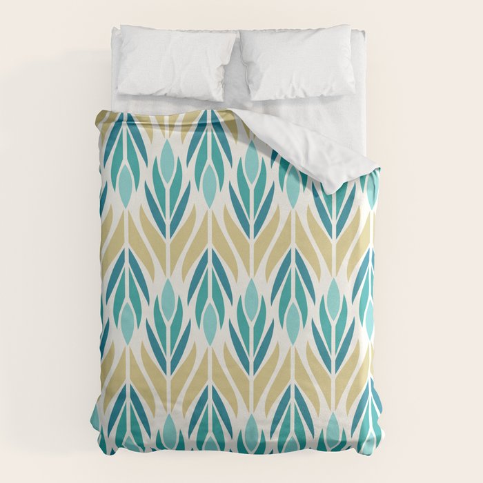 Mid Century Modern Abstract Floral Pattern in Turquoise Teal Aqua and Marigold Duvet Cover Gallery Image 6