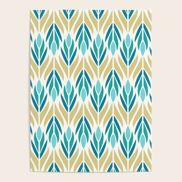 Mid Century Modern Abstract Floral Pattern in Turquoise Teal Aqua and Marigold Poster Gallery Image 4