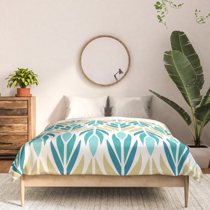 Mid Century Modern Abstract Floral Pattern in Turquoise Teal Aqua and Marigold Comforter Gallery Image 3